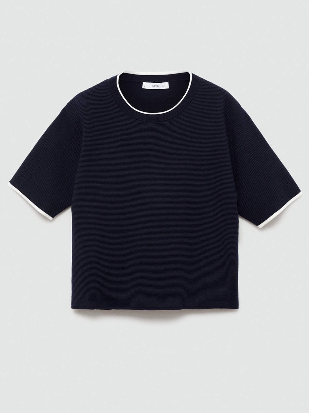 Mango Navy Short Sleeve Sweater Top Contrast Trim Size M NWT - Picture 2 of 16